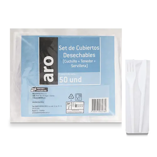 SET CUBIERTOS ARO TENEDOR-CUCHILLO-SERVILLETA 50U