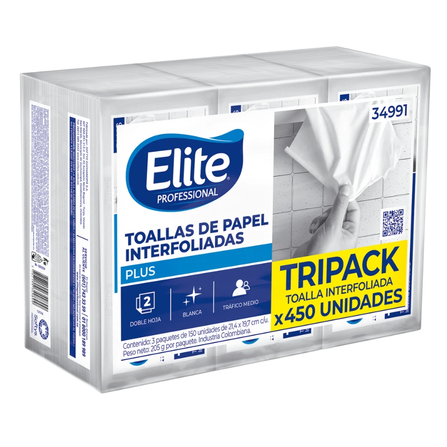 TOALLA DE PAPEL ELITE INTERFOLIADA BLANCA DOBLE HOJA 150HX3PQ