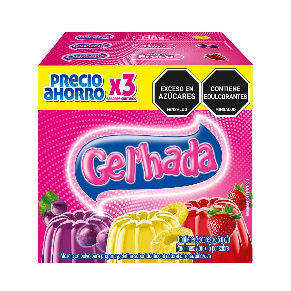Gelatina Gelhada Surtido Fresa Piña Uva 35Gx3U